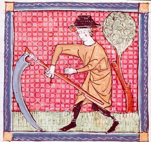 Juin : un paysan tenant une faucille. Miniature du Breviaire d