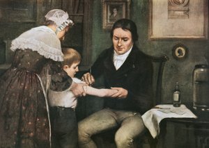 Dr Edward Jenner (1749-1823) effectuant sa première vaccination contre la variole sur James Phipps, garçon de huit ans, le 14 mai - Ernest Board
