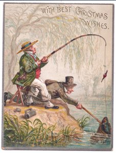 Carte de Noël victorienne de deux hommes pêchant au bord de la rivière, c.1880 - Ernest Henry Griset