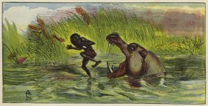 Homme Ashanti menacé par un hippopotame
