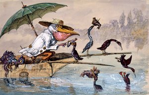 Cormorans présentant du poisson à un pélican dans une barque sous un parapluie, c1864-1907 - Ernest Henry Griset
