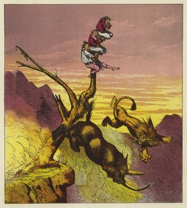 Le lion et le rhinocéros tombent de la falaise en se disputant la première bouchée des trois marins - Ernest Henry Griset