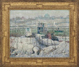 Hangar à bateaux, hiver, Harlem River, vers 1916 - Ernest Lawson