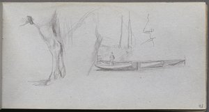 Carnet de croquis, page 43 : Études : Jambe de cheval, figure dans un bateau et profil - Ernest Meissonier