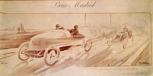 Course automobile : « Paris Madrid » : Gabriel vainqueur sur Mors équipé de pneus Michelin. Illustration 1903 - Ernest Montaut