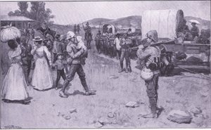 Soldats britanniques aidant les réfugiés boers, illustration de Après Pretoria : La guerre de guérilla, 1902 - Ernest Prater