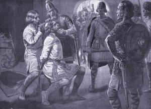 Ceowulf, roi de Northumbrie, se faisant tondre de force en 731 - Ernest Prater