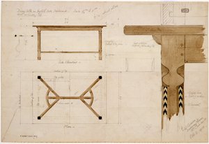 Design pour une table à manger en chêne anglais, foncé, avec un entretoise en râteau à foin, 2 octobre 1908