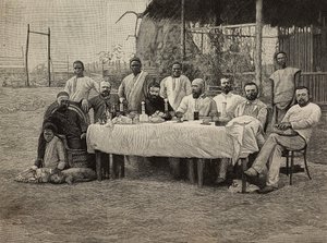 Banquet de la société anti-esclavagiste au consulat italien à Boma, République démocratique du Congo, gravure d