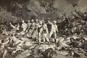 Bataille de Dogali, derniers survivants présentant les armes, saluant les morts, guerre érythréenne, gravure par Ernesto Mancastroppa et Cantagalli d