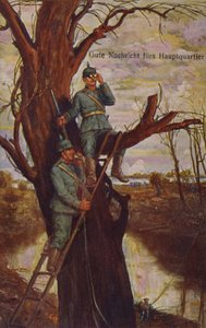 Bonne nouvelle pour le quartier général, soldats allemands observant le champ de bataille et rapportant au quartier général via un téléphone de campagne, Première Guerre mondiale, 1915 - Ernst Heilemann