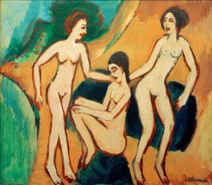 Trois baigneurs sur la plage