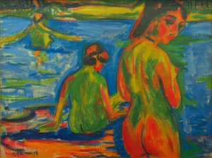 Jeunes filles se baignant dans le lac