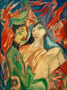 Soldat et fille entre des rideaux colorés - Ernst Ludwig Kirchner