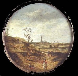 Un paysage étendu avec des voyageurs sur une route