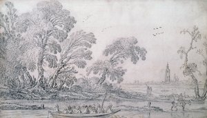 Un ferry tiré par des chevaux sur un canal, La Haye au loin - Esaias I van de Velde