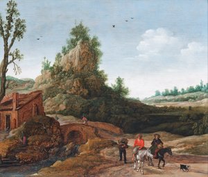 Un paysage avec des voyageurs traversant un pont devant une petite habitation, des cavaliers au premier plan - Esaias van de Velde