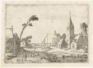 Vue de village avec fermes, église et puits (Paysages couchés)