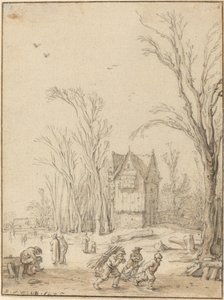 Villageois patinant sur un étang gelé - Esaias van de Velde