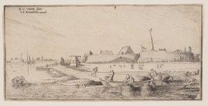 Pêcheurs en barque devant une ville fortifiée, extrait de Paysages