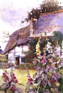 Rose Trémière Devant un Cottage au Toit de Chaume - Ethel Davies