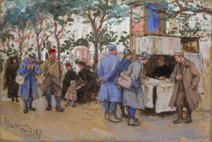 Soldats à un kiosque à journaux, Paris, 1917
