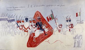 Dessin abyssin représentant le général Baratieri marchant vers Adigrat