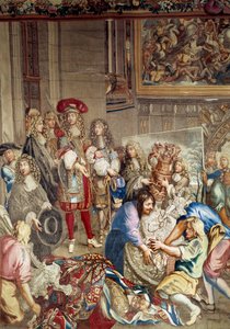 Visite de Louis XIV à la Manufacture des Gobelins en présence de Jean-Baptiste Colbert (1619-1683) et du peintre Charles Le Brun (1619-1690), 15 octobre - Etienne (studio of) Le Blond