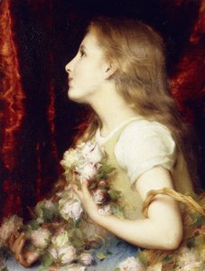 Une jeune fille avec un panier de fleurs