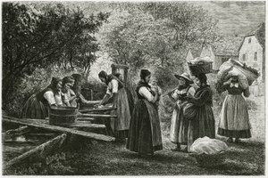 Une lessive à Metzeral, femmes portant des costumes traditionnels de la vallée se rassemblant à la fontaine du village (illustration de À travers l