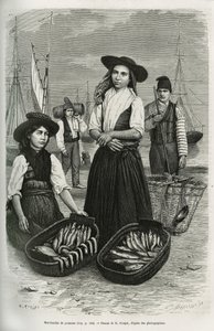 Marchands de poissons, portant le costume traditionnel féminin : jupe courte et plissée, corsage avec boutons d