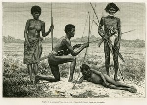 Négritos de la montagne Yriga. Gravure par E.Ronjat pour illustrer le récit Luçon et Palaouan, six ans aux Philippines, par Alfred Marche (1844-1898), dans le tour du monde 1886, dirigé par Edouard Charton (1807-1890), Hachette, Paris. - Etienne Antoine Eugene Ronjat