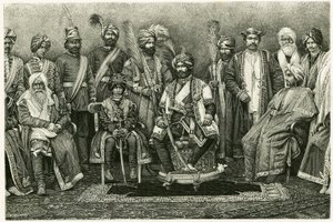 Le maharajah du Cachemire, Rambhir Sing et sa cour. Gravure par E. Ronjat, pour illustrer l