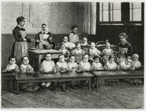 Le repas des enfants à la crèche. Gravure par E. Ronjat, pour illustrer l