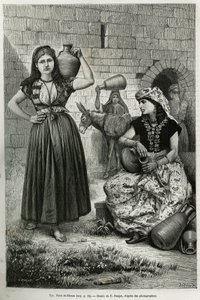 Femmes portant des cruches, près du puits de Hiram à Tyr. Gravure par E.Ronjat, pour illustrer l