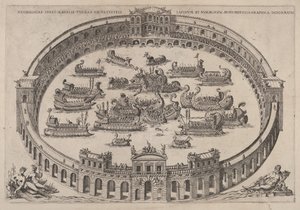 Engagement naval dans une arène romaine, avec le Tibre et des nymphes en bas à gauche