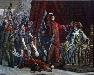 Guerre de Cent Ans : « Le dauphin Charles (futur Charles V) (1338-1380) (le premier dauphin de France) et Étienne Marcel (1302/1310-1358) qui assassina deux ministres (maréchaux) Robert de Clermont et Jean de Conflans dans la chambre du dauphin de France - Etienne Lucien Melingue