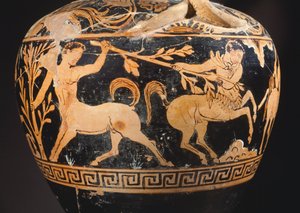 Amphore par le Peintre de la Centauromachie, détail montrant une bataille entre centaures. Céramique à figures rouges de Porano (Ombrie). Civilisation étrusque, IVe siècle av. J.-C. - Etruscan