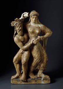 Antiquité étrusque : « Satyre et ménade dansante » Sculpture en terre cuite d