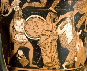 Antiquité étrusque: cratère en cloche représentant la destruction de Troie: détail représentant Ménélas face à Aphrodite, Hélène est représentée à droite. De Falerii Veteres (Civita Castellana). 350-300 av. J.-C. Rome, Museo Nazionale di Villa Giulia - Etruscan