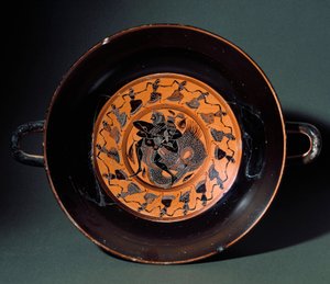 Antiquité étrusque: coupe en terre cuite représentant le combat entre Héraclès et le monstre marin Triton. De Tarquinia. 550 av. J.-C. Tarquinia, Museo Archeologico