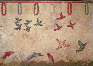 Oiseaux aquatiques et dauphins sautant, de la Tombe de la Chasse et de la Pêche, c.520-10 av. J.-C.