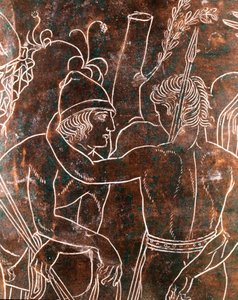 Art étrusque : détail du Ciste Ficoroni en bronze représentant la légende des Argonautes. De Préneste (Palestrina). 340 av. J.-C. Museo Nazionale di Villa Giulia, Rome - Etruscan