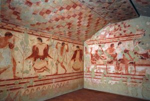 Art étrusque : fresques représentant des scènes de banquet. Tombe du Triclinium. 5e siècle av. J.-C. Musée archéologique national de Tarquinia, Italie