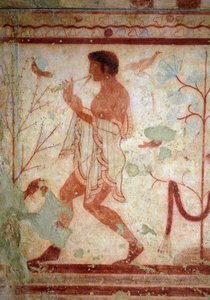 Art étrusque : fresques représentant des scènes de banquet, détail représentant un joueur de flûte. Tombe du Triclinium. Ve siècle av. J.-C. Musée archéologique national de Tarquinia, Italie - Etruscan