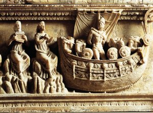 Civilisation étrusque, urne en albâtre, détail du relief représentant Ulysse et les Sirènes