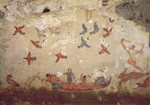 Pêcheurs dans un bateau et oiseaux volant, de la tombe de la pêche et de la chasse, c.520-510 av. J.-C.