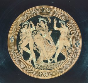 Kylix, détail. Poterie à figures rouges. Civilisation étrusque, Ve-IVe siècle av. J.-C. - Etruscan