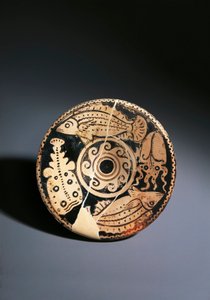 Plat en poterie à figures rouges avec décoration de poissons, de Cerveteri - Etruscan
