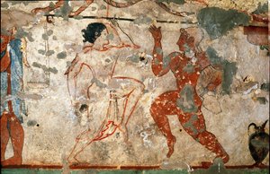 Danse rituelle, jeune femme portant une tunique transparente et jeune homme nu. (détail de fresque, 520 av. J.-C.)